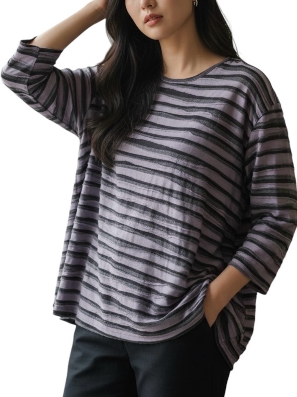 Cut Loose Purple and Black Striped Textured Knit Tunic Top, 3/4 Sleeves - Medium